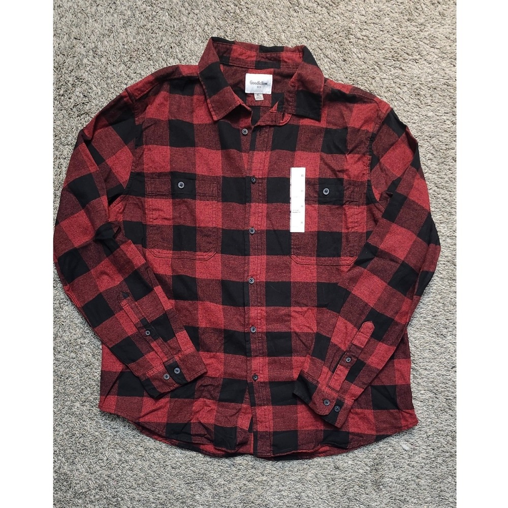 Goodfellow & Co Mens XL Red Black Buffalo Plaid Flannel Shirt Midweight Standard